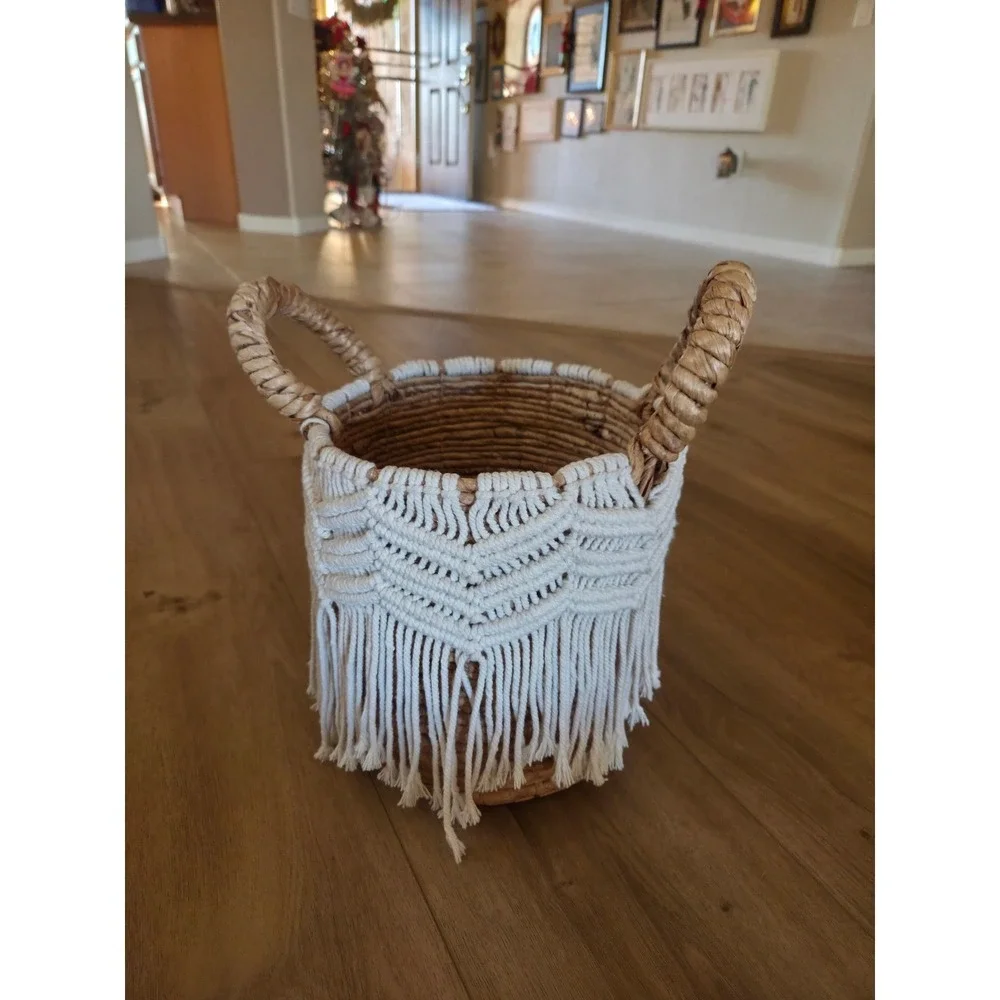 Woven Seagrass Banana Basket‎ Macrame Fringe Boho Handle Storage Decor Accent